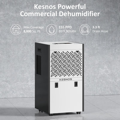 Kesnos 155 Pints Large Dehumidifier - Up to 8000 Sq. Ft, Commercial Use with 6.56ft Drain Hose, 1.32 Gal Water Tank, Washable Filter