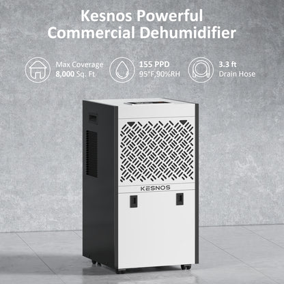 Kesnos 155 Pints Large Dehumidifier - Up to 8000 Sq. Ft, Commercial Use with 6.56ft Drain Hose, 1.32 Gal Water Tank, Washable Filter