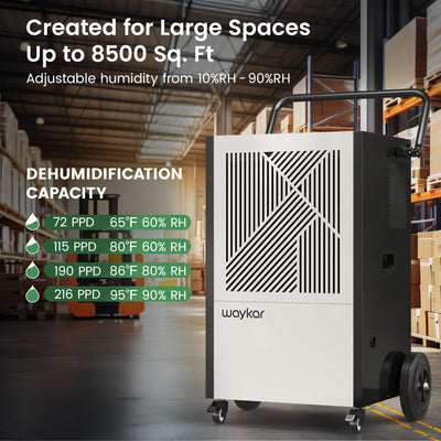 Waykar 216 Pints Commercial Dehumidifier with Pump, Drain Hose, and Washable Filter - Up to 8500 Sq. Ft Coverage, 5-Year Warranty