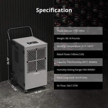 Kesnos 155 Pints Commercial Dehumidifier with Pump - Drain Hose, 24 Hr Timer - Up to 7500 Sq. Ft