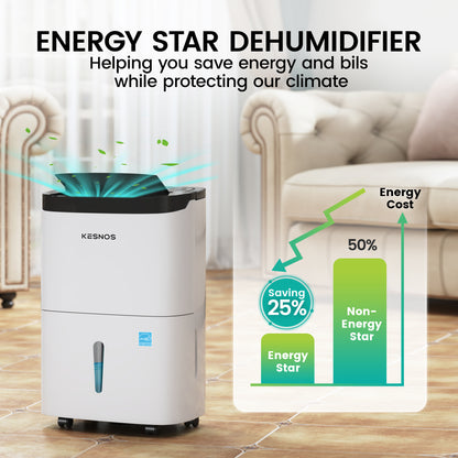 Kesnos 120 Pints Energy Star Dehumidifier - Covers 6,000 Sq. Ft. with Drain Hose, Self-Drying, Handles, Timer, Auto Defrost