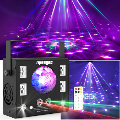 Missyee 4-in-1 DJ Light - Disco Ball, LED Patterns, Strobe, UV, Sound Activated Stage Light