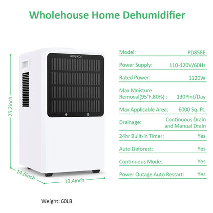 Waykar 130 Pint Commercial Dehumidifier with Drain Hose, Washable Filter - Covers up to 6000 Sq. Ft.