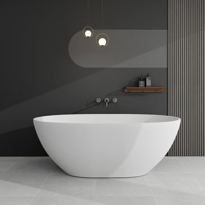 Sersper White Stone Resin Freestanding Oval Soaking Bathtub - Flatbottom, Solid Surface, Brass Drain