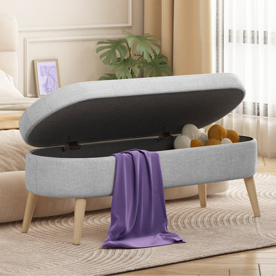 Sersper Oval Storage Bench 43.5" -Grey Linen Upholstered with Solid Wood Legs for Indoor Seating