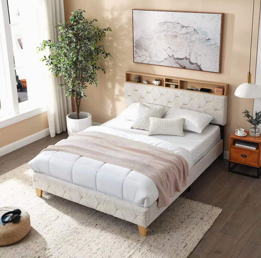 Sersper Queen Bed Frame - Upholstered Headboard, Shelf, Outlet & USB Ports, Wood Legs, No Box Spring, Beige