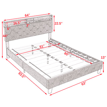 Sersper Queen Bed Frame - Upholstered Headboard, Shelf, Outlet & USB Ports, Wood Legs, No Box Spring, Grey