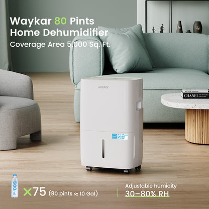 Waykar Energy Star 80-Pint Dehumidifier for 5,000 Sq. Ft – Home, Basement, Large Room with Drain Hose & 1.14 Gal Tank