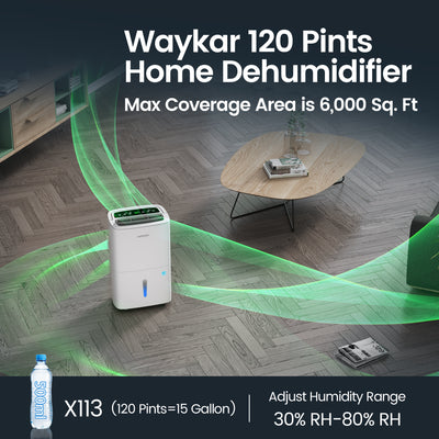 Waykar 120 Pints Energy Star Home Dehumidifier for Spaces up to 6,000 Sq. Ft at Home and Large Rooms