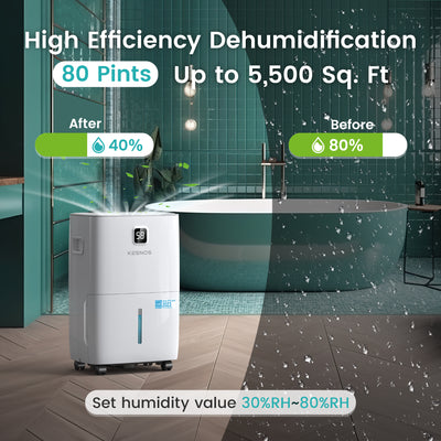 Kesnos 80 Pints Energy Star Dehumidifier with LCD - 5,500 Sq. Ft,  Drain Hose, Auto Shut Off & Defrost, Large Tank