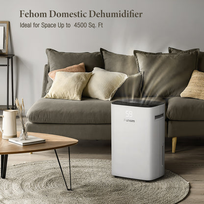 Fehom 50 Pints Dehumidifier for Spaces Up to 4500 Sq. Ft - Basement with Drain Hose, 0.66 Gal Water Tank, Front Humidity Display