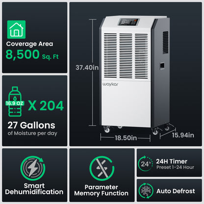 Waykar 216-Pint Commercial Dehumidifier with Intelligent Control for Basements, Warehouses, Whole House