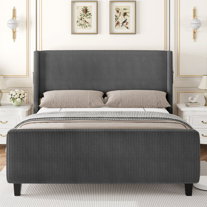 Sersper King Size Upholstered Wingback Corduroy Bed Frame with USB Ports, No Box Spring, Grey