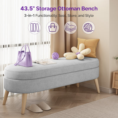 Sersper Oval Storage Bench 43.5" -Grey Linen Upholstered with Solid Wood Legs for Indoor Seating