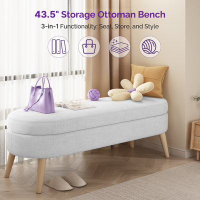 Sersper Oval Storage Bench 43.5" -White Linen Upholstered with Solid Wood Legs for Indoor Seating