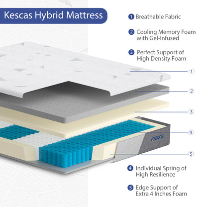 Kescas 12 Inch Hybrid Queen Mattress - Bamboo Charcoal Gel Memory Foam, Moisture-Wicking Cover