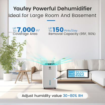 Yaufey 150 Pints Energy Star Dehumidifier with Pump - Covers 7,000 Sq. Ft, Home & Basement, Drain Hose, Timer, Humidity Control