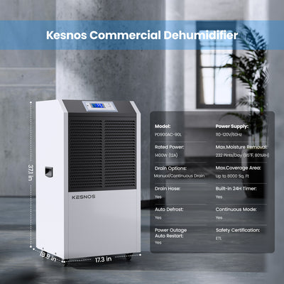 Kesnos 232 Pint Large Commercial Dehumidifier - 3.3ft Drain Hose, Washable Filter, 24 Hr Timer - Up to 8000 Sq. Ft