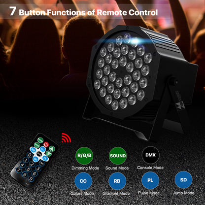 Missyee 36 RGB LED DJ Stage Uplight - DMX, Sound Activated, Remote, 9 Modes