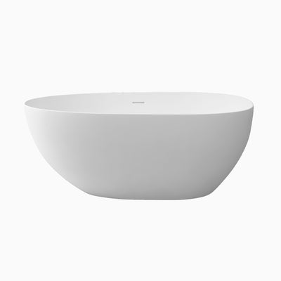 Sersper White Stone Resin Freestanding Oval Soaking Bathtub - Flatbottom, Solid Surface, Brass Drain