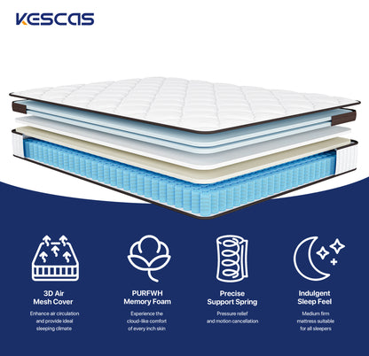 Kescas 12 Inch Hybrid Mattress - Memory Foam, Heavier Coils, Ergonomic Design, Medium Firm, Pressure Relief