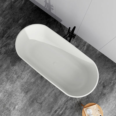 Sersper 63 in. Stone Resin Freestanding Soaking Bathtub - White, Flatbottom, Solid Surface, Oval Shape, with Drain