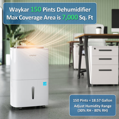 Waykar 150 Pints Energy Star Dehumidifier - Up to 7,000 Sq. Ft - Drain Hose, Auto Defrost, Self-Drying