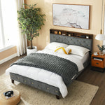 Sersper Queen Bed Frame - Upholstered Headboard, Shelf, Outlet & USB Ports, Wood Legs, No Box Spring, Grey