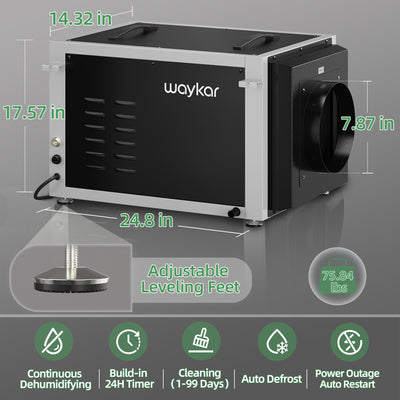 Waykar 158 Pints Commercial Dehumidifier-Hostable Industrial Dehumidifier with Separate Control Panel and Sensor