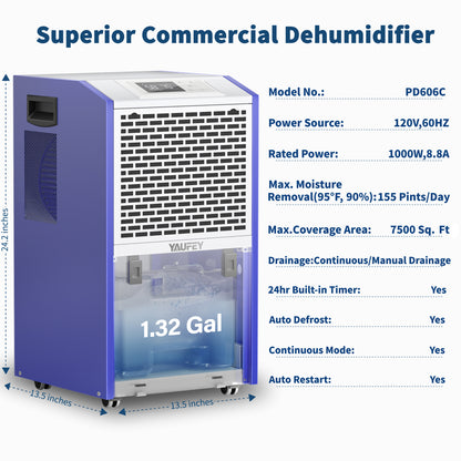 Yaufey 155 Pints Commercial Dehumidifier for Space up to 7,500 Sq. Ft