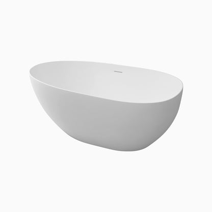 Sersper White Stone Resin Freestanding Oval Soaking Bathtub - Flatbottom, Solid Surface, Brass Drain