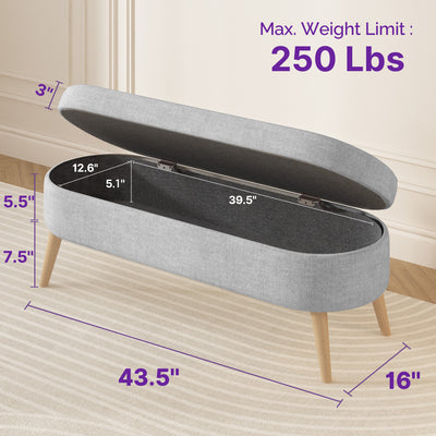 Sersper Oval Storage Bench 43.5" -Grey Linen Upholstered with Solid Wood Legs for Indoor Seating