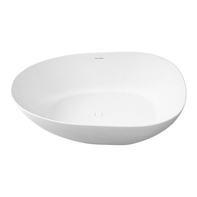 Sersper White Stone Resin Freestanding Oval Soaking Bathtub - Flatbottom, Solid Surface, Brass Drain