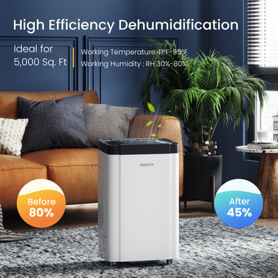 Yaufey 60 Pints Dehumidifier for Home & Basement, Quiet with Intelligent Humidity Control, Drain Hose, 0.79 Gallon Tank