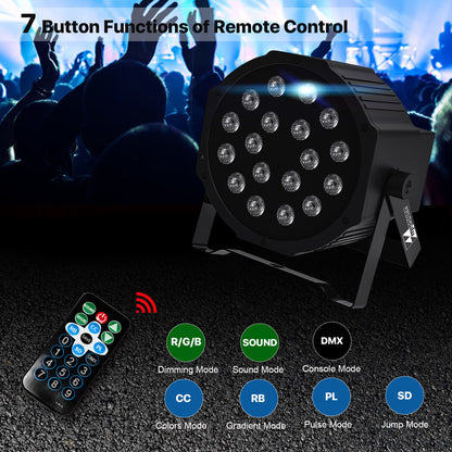 18 RGB LED DJ Stage Uplight - DMX Control, Sound Activated, Remote, 7 Modes - Ideal for Various Events