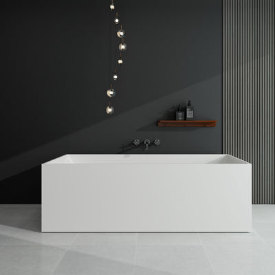 Sersper 67 in. White Stone Resin Square Freestanding Soaking Bathtub - Flatbottom, Solid Surface, with Drain