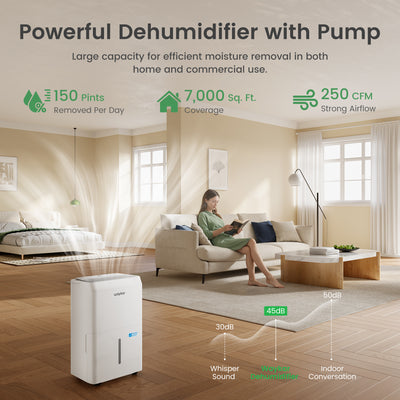 Waykar 150 Pint Energy Star Most Efficient Dehumidifier with Pump for Large Rooms up to 7,000 Sq. Ft.