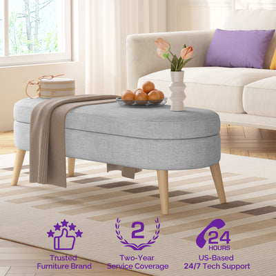 Sersper Oval Storage Bench 43.5" -Grey Linen Upholstered with Solid Wood Legs for Indoor Seating