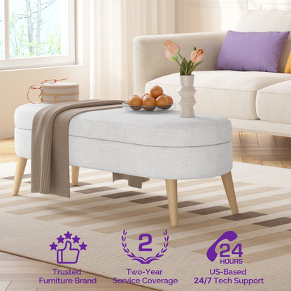 Sersper Oval Storage Bench 43.5" -White Linen Upholstered with Solid Wood Legs for Indoor Seating