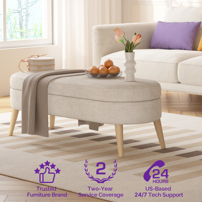 Sersper Oval Storage Bench 43.5" - Beige Linen Upholstered with Solid Wood Legs for Indoor Seating