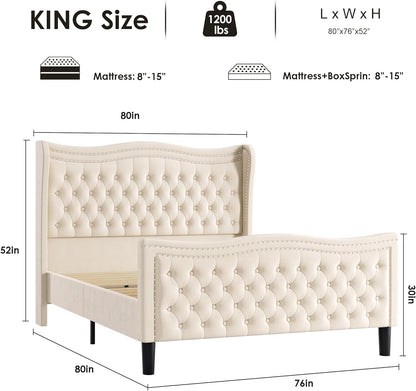 Sersper King Size Velvet Platform Bed - Wingback Headboard & Footboard, Velvet, Wood Slats, No Box Spring, Beige