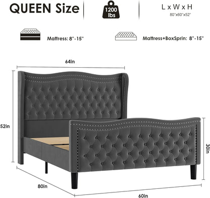 Queen Size Velvet Platform Bed - Wingback Headboard & Footboard, Velvet, Wood Slats, No Box Spring, Grey