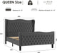 Queen Size Velvet Platform Bed - Wingback Headboard & Footboard, Velvet, Wood Slats, No Box Spring, Grey