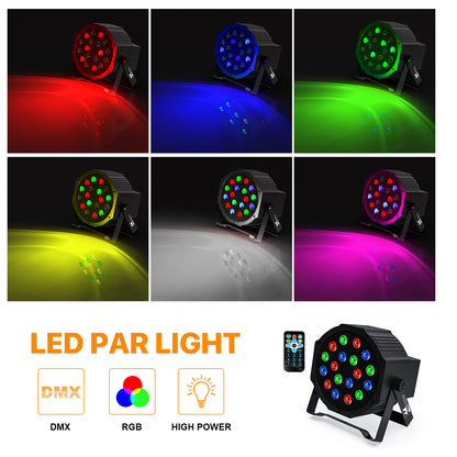 18 RGB LED DJ Stage Uplight - DMX Control, Sound Activated, Remote, 7 Modes - Ideal for Various Events