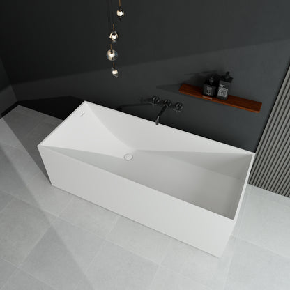 Sersper 67 in. White Stone Resin Square Freestanding Soaking Bathtub - Flatbottom, Solid Surface, with Drain