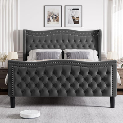 Queen Size Velvet Platform Bed - Wingback Headboard & Footboard, Velvet, Wood Slats, No Box Spring, Grey