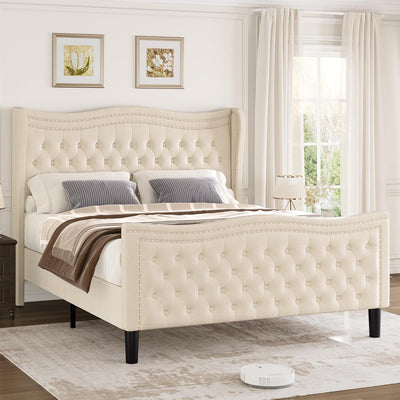 Sersper King Size Velvet Platform Bed - Wingback Headboard & Footboard, Velvet, Wood Slats, No Box Spring, Beige