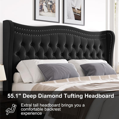 Sersper Full Size Velvet Platform Bed - Wingback Headboard & Footboard, Velvet, Wood Slats, No Box Spring, Black