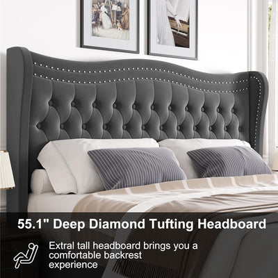 Queen Size Velvet Platform Bed - Wingback Headboard & Footboard, Velvet, Wood Slats, No Box Spring, Grey