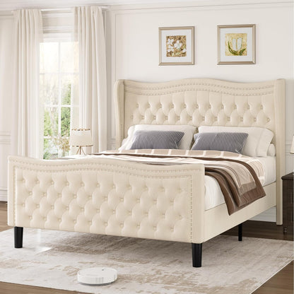 Sersper King Size Velvet Platform Bed - Wingback Headboard & Footboard, Velvet, Wood Slats, No Box Spring, Beige